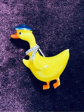 Yellow Duck Brooch Pin with Blue Hat and Rhinestone Scarf